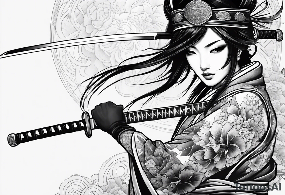 samuri with katana on top of a japanese beauty female tattoo idea