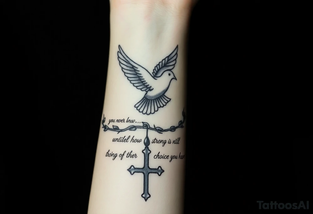 i have a front arm tat with a small dove at the front of the above the wrist and thorns covering through the wrist like a bracelet and prayer beads all throughout the words that say you never know how strong you are until being strong is the only choice you have and a cross on the side of the dove and theres also a dove rat the baxck of thee arm right near the elbow a bigger dove and theres a biggert cross right by that dover too make a tatoo of that and the cross isnt normal its super unique looking and has that cool look too it and detailed tattoo idea