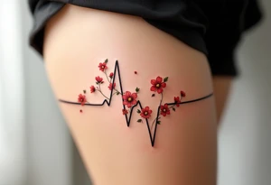 A black and gray EKG waveform with small red flowers blooming at the peaks, symbolizing growth and life. tattoo idea