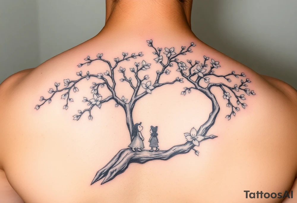 Cherry blossom tree wirh disney characters coming out tattoo idea