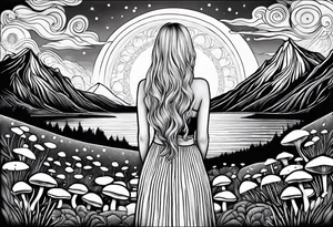 Straight blonde hair girl facing away toward mountains surrounded by mushrooms crescent moon mandala circular design black and white striped dress infinity symbol tattoo idea