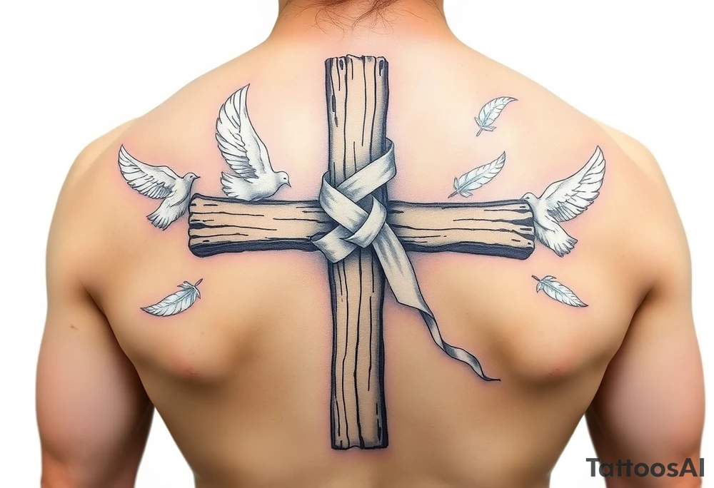 A rustic wooden cross wrapped in a flowing white ribbon, with white dove feathers scattered around. tattoo idea