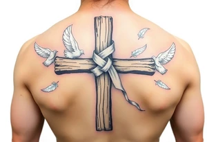 A rustic wooden cross wrapped in a flowing white ribbon, with white dove feathers scattered around. tattoo idea