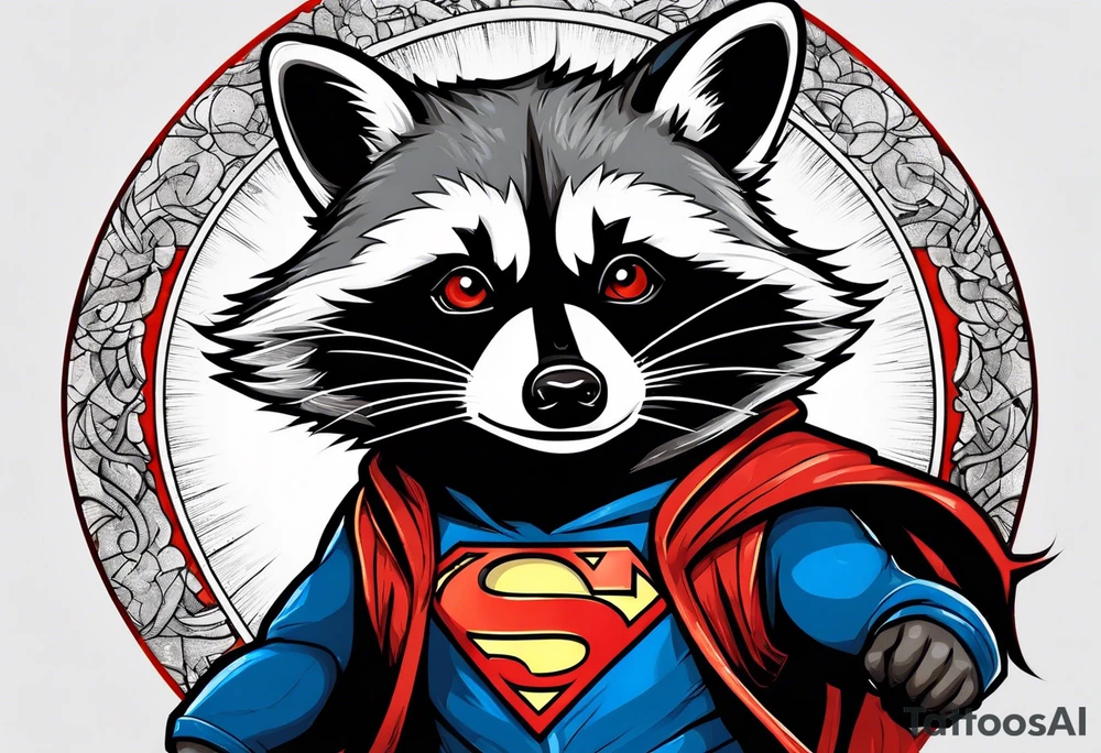 raccoon wearing a Superman hoodie tattoo idea