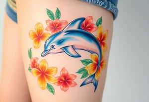 A dolphin surrounded by tropical hibiscus flowers and palm leaves, in sunset hues of orange, yellow, and coral pink tattoo idea