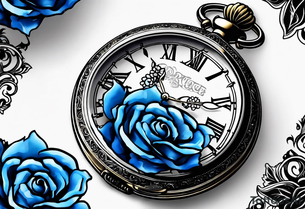Pocket watch with blue roses tattoo idea