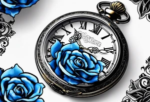 Pocket watch with blue roses tattoo idea