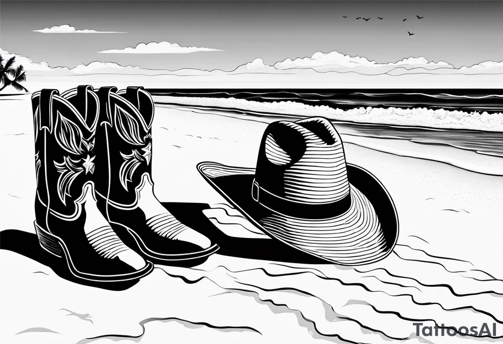 A pair of mens boots, a pair of womens flip flops and a cowboyhat on the Beach. Keep it simple tattoo idea