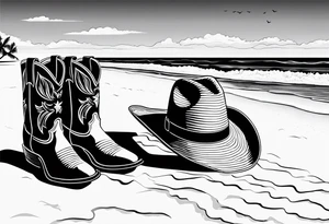 A pair of mens boots, a pair of womens flip flops and a cowboyhat on the Beach. Keep it simple tattoo idea