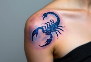 In the deep indigo sky, Scorpius coils like a celestial scorpion outlined in white light moving toward its star constellation tattoo idea