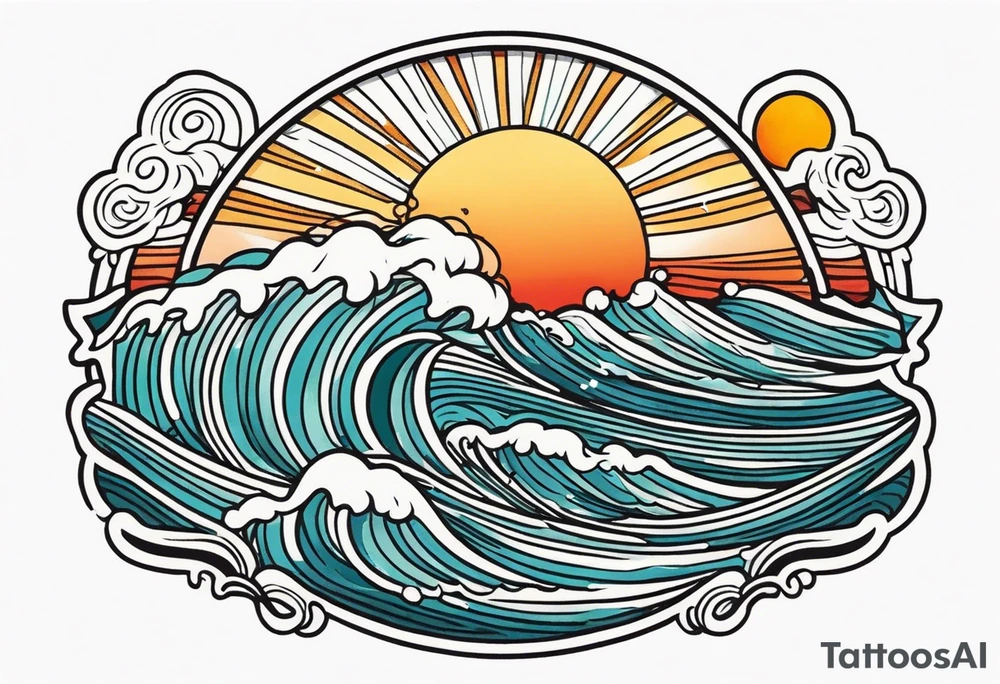ocean waves with sun tattoo vintage traditional simple and bold colors tattoo idea