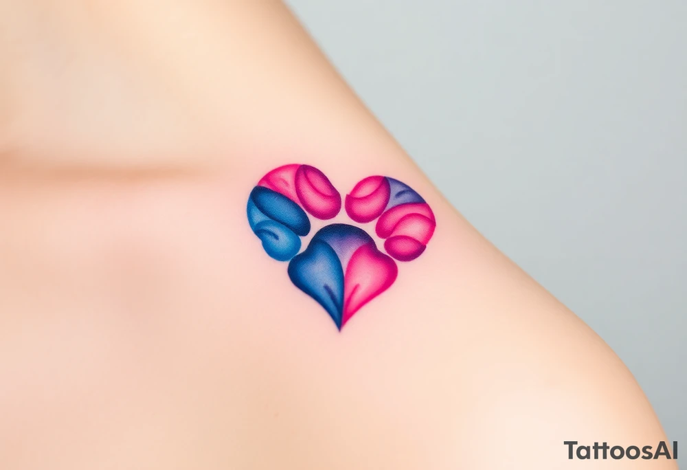 paw in the shape of a heart blending vibrant hues of pink, blue, and purple, creating tattoo idea