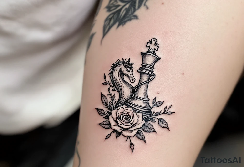 A fine-line black and gray tattoo of a chess king and queen piece intertwined with red roses. tattoo idea
