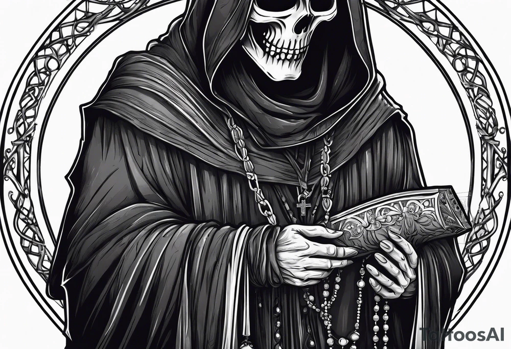 Grim reaper holding rosary with creepy design tattoo idea