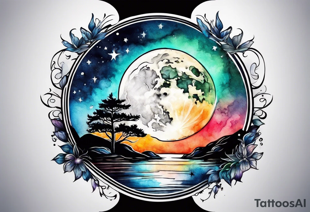 Moon with water color tattoo idea