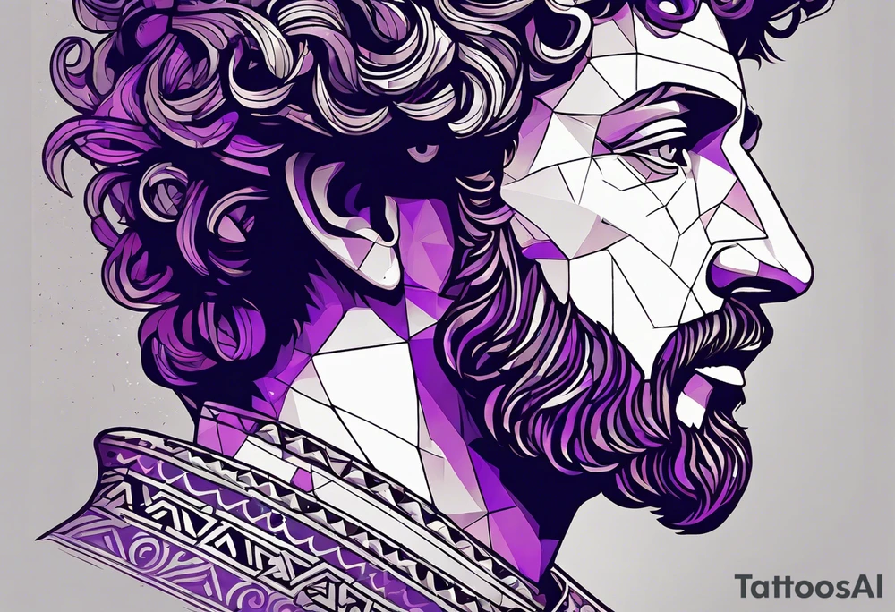 The Face of marcus aurelius with the lower left half missing. He is looking slightly away at 25 degrees. Geometric symbols framing the background. The background has small color splashes of red and purple. tattoo idea