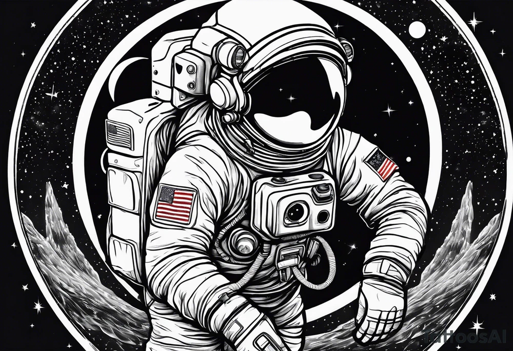 an astronaut hunched over in space from the back holding a planet in his hands tattoo idea