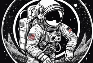 an astronaut hunched over in space from the back holding a planet in his hands tattoo idea