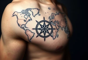 antique compass rose overlaid on weathered world map with sailing ships tattoo idea