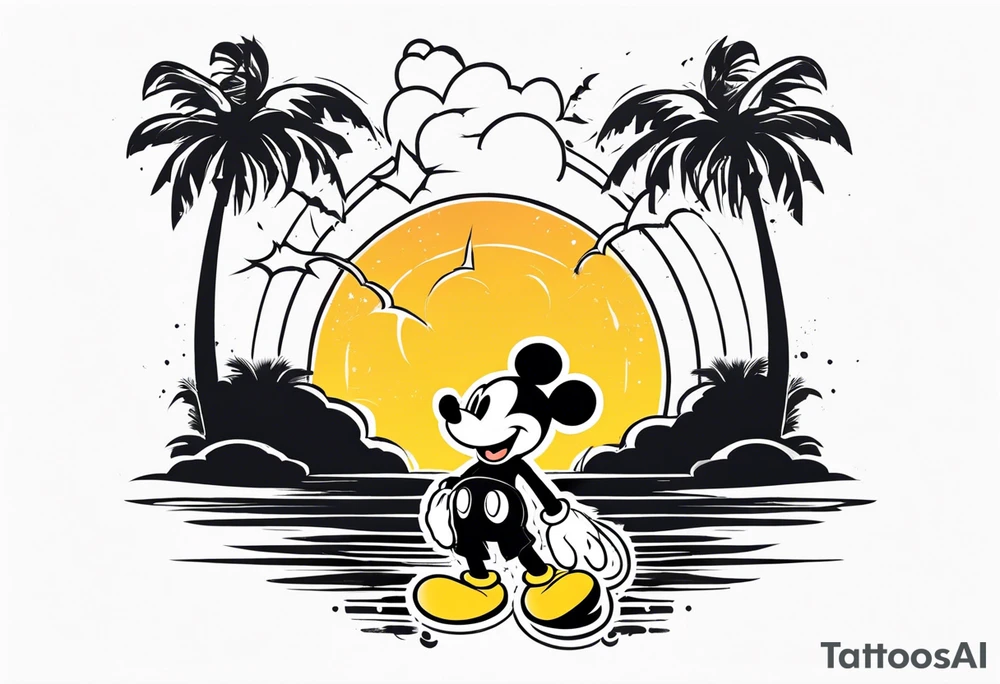 mickey mouse in a lightning storm with palm trees and the celtic symbol for family tattoo idea