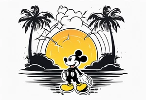 mickey mouse in a lightning storm with palm trees and the celtic symbol for family tattoo idea