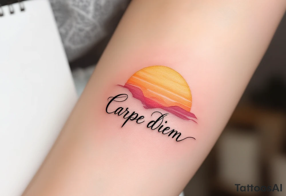 "Carpe Diem" in cursive gold ink with a sunrise gradient of soft oranges and yellows rising behind it. tattoo idea