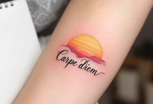 "Carpe Diem" in cursive gold ink with a sunrise gradient of soft oranges and yellows rising behind it. tattoo idea