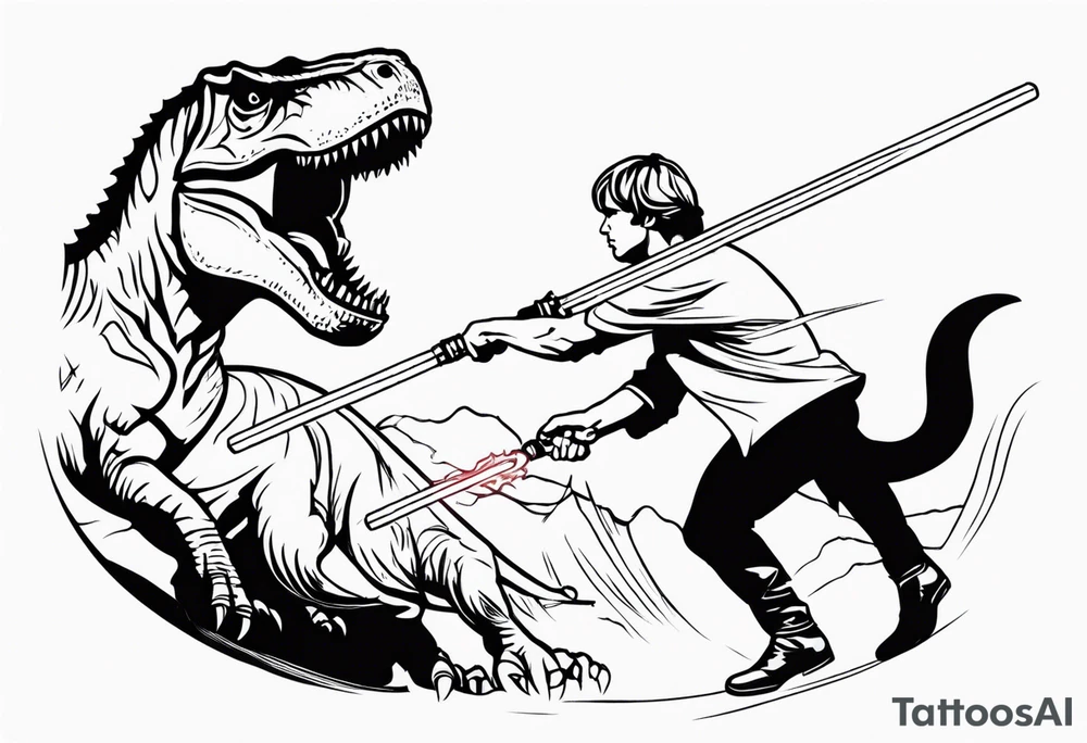 Luke Skywalker and a T-Rex fighting each other with lightsabers tattoo idea