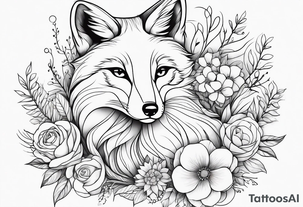 feminin minimalist flowers with fox full body thin line tattoo idea