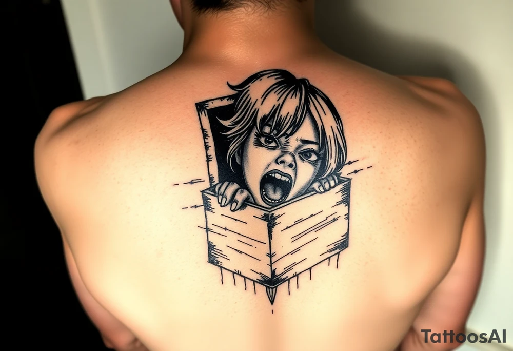 a girl trapped in a box trying to get out  almost like she’s suffocating with faces with no eyes around her screaming tattoo idea