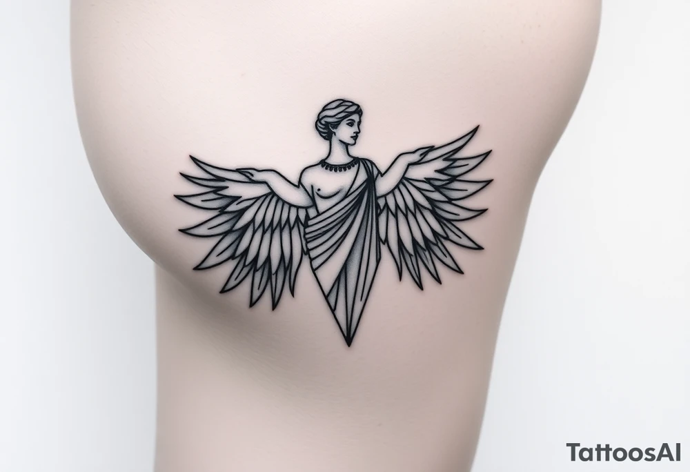outer thigh tattoo greek sculpture female, fine line tattoo idea