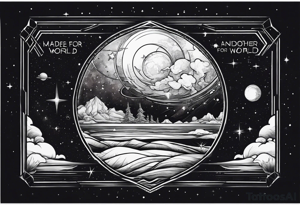 Outer space themed tattoo incorporating the quote, "Made for another world" tattoo idea