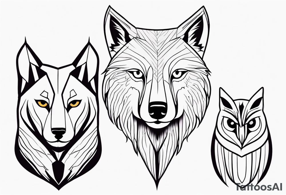 A Wolf as a father, an owl as the son and a lioness as the daughter. tattoo idea