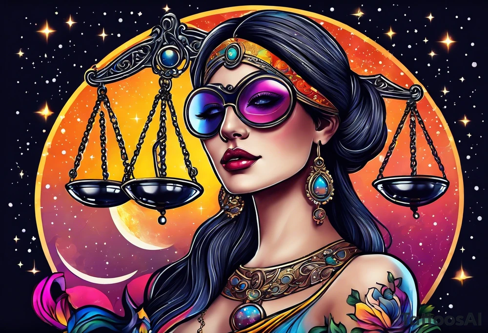 Beautiful woman blindfolded holding the libra scales, in the background is the libra constellation with a halfmoon surrounding half of the woman. The scales hang from the bottom of the half moon. Vibrant colors intensify the picture tattoo idea