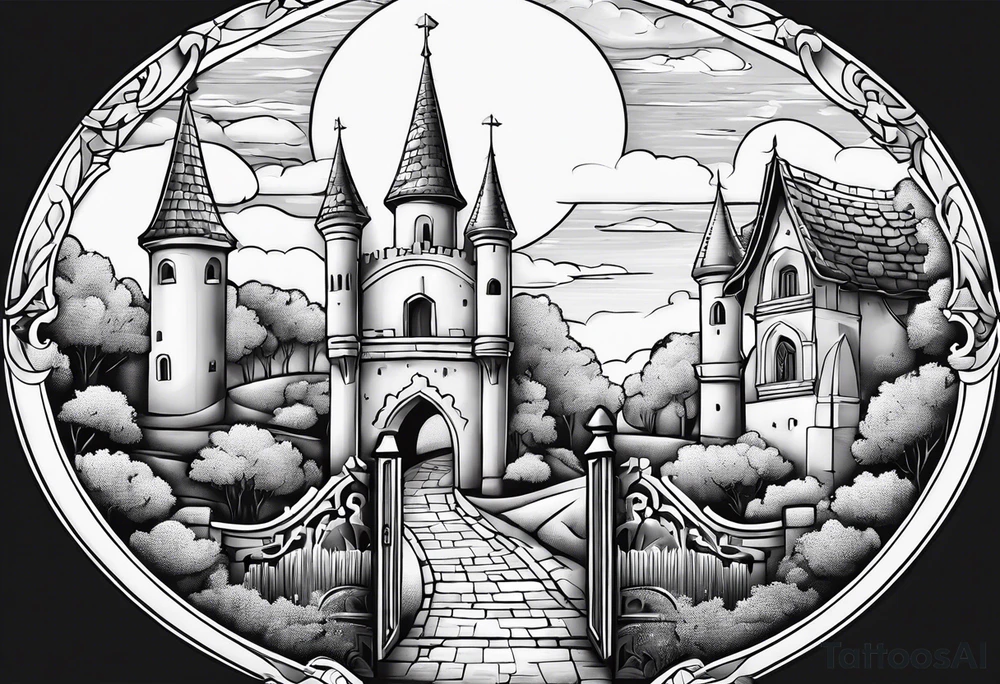 sky medieval town garden with towers small houses gate entrance
in circle white clouds vignette tattoo idea