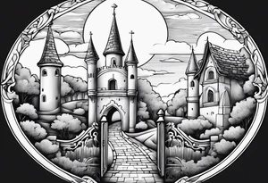 sky medieval town garden with towers small houses gate entrance 
 in circle white clouds  vignette tattoo idea
