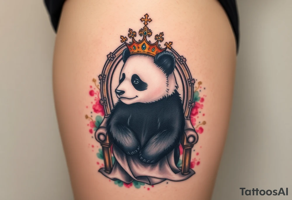 powerful superior panda with a crown, sexy princess on a throne looking down at her worshippers tattoo idea
