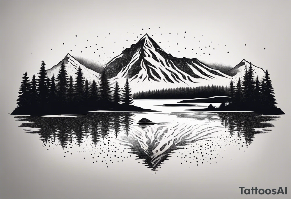 A snow capped mountain with pine trees and a river that becomes a beach tattoo idea