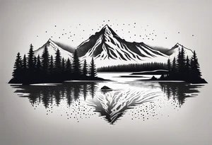 A snow capped mountain with pine trees and a river that becomes a beach tattoo idea