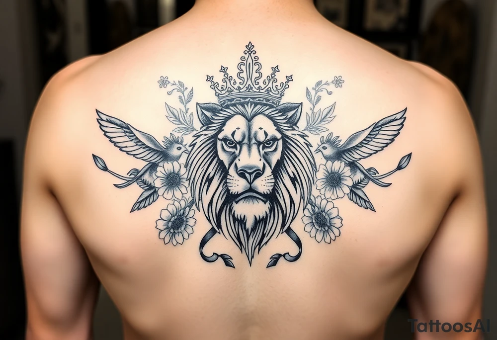 powerful majestic lion with a crown, surrounded by floral ornaments and birds tattoo idea