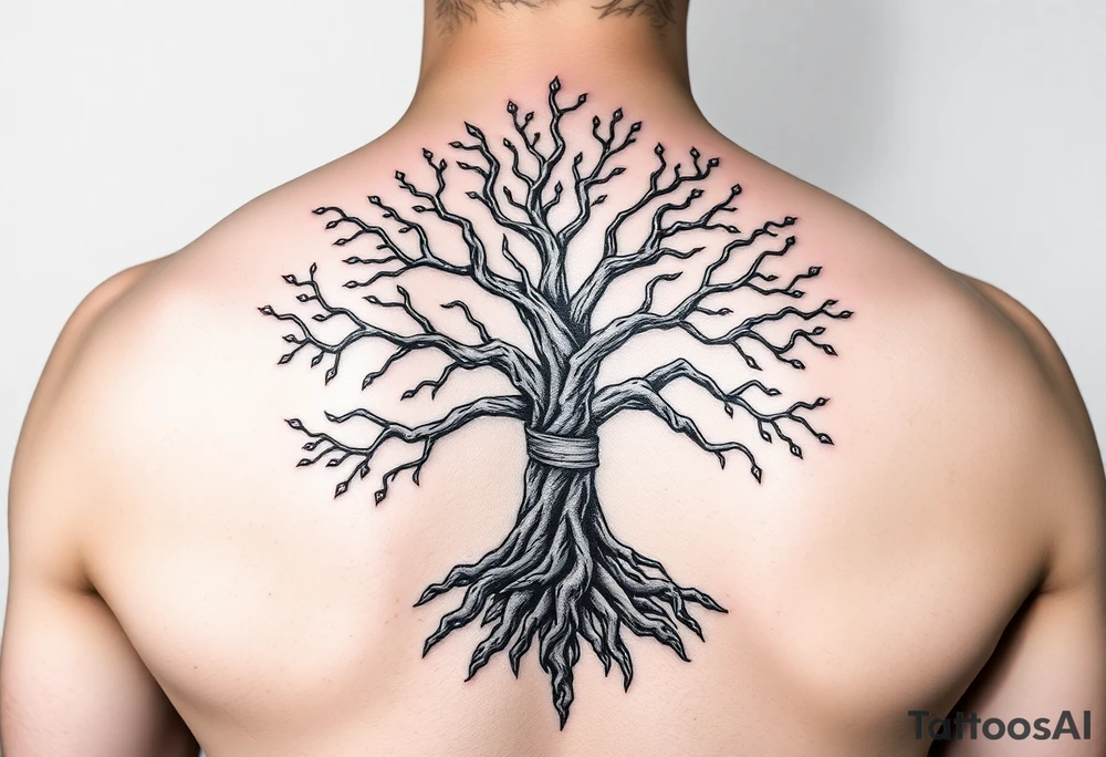 mystical tree of life with cosmic roots and celestial branches tattoo idea