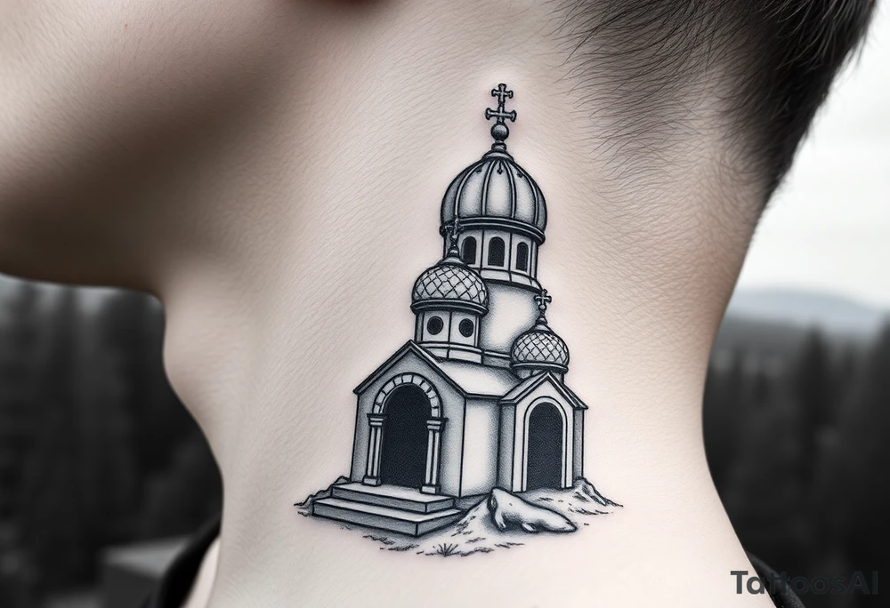 russian design traditional virgin mary stood beside the entrance of a russian orthodox dome church on the side of the neck in a wilderness setting with the design on the side of the neck tattoo idea