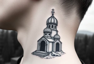 russian design traditional virgin mary stood beside the entrance of a russian orthodox dome church on the side of the neck in a wilderness setting with the design on the side of the neck tattoo idea