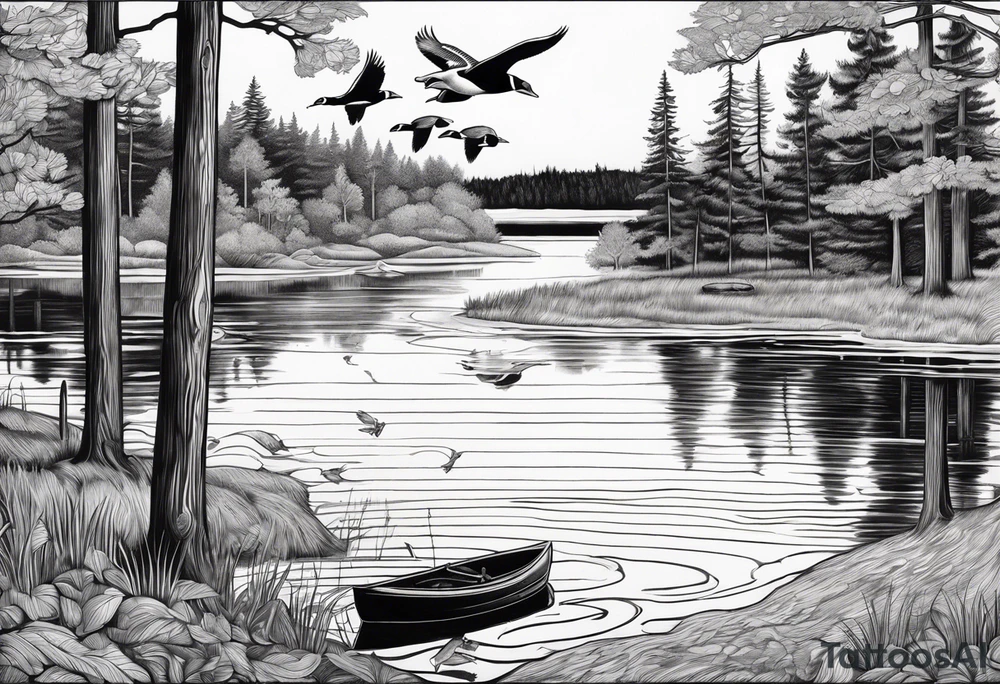 Wooded area with lake, mallards flying, and a model t tattoo idea