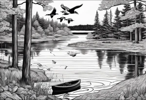 Wooded area with lake, mallards flying, and a model t tattoo idea