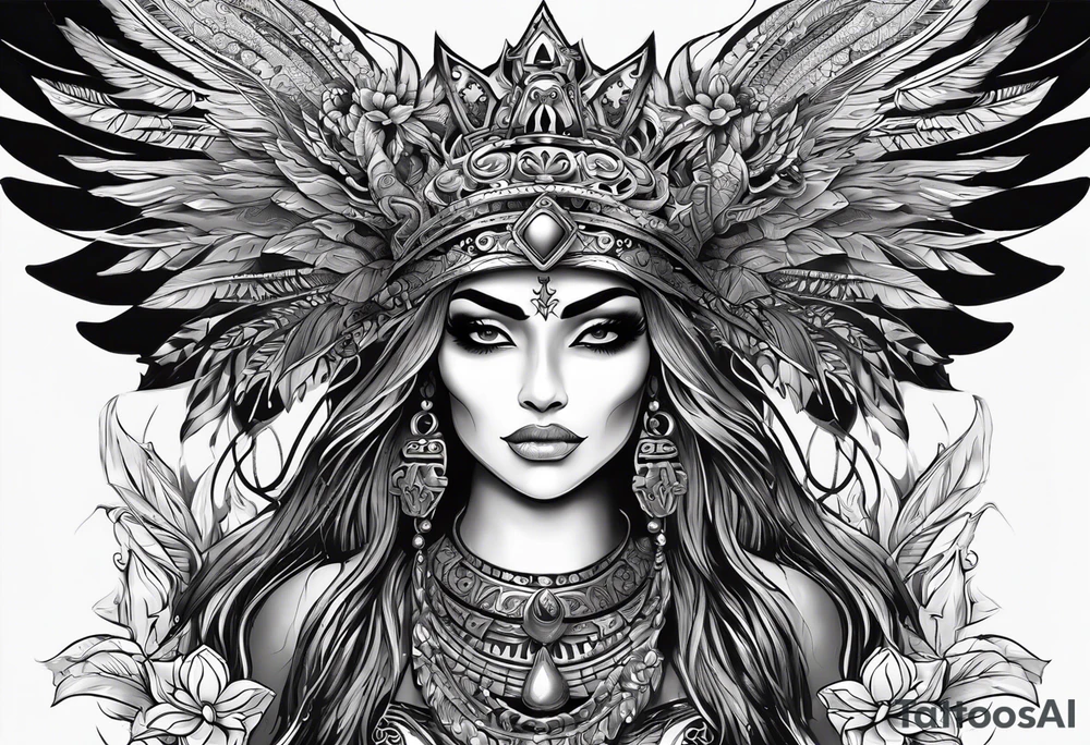 black kali, goddess pirate, alien, pachamama, valkrye, warrior, skull, lotus azul, wing, eagle, zenza resonance, stars, 5D tattoo idea