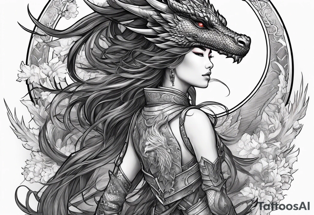 beautiful warrior woman wearing dragon armor and a dragon flying tattoo idea