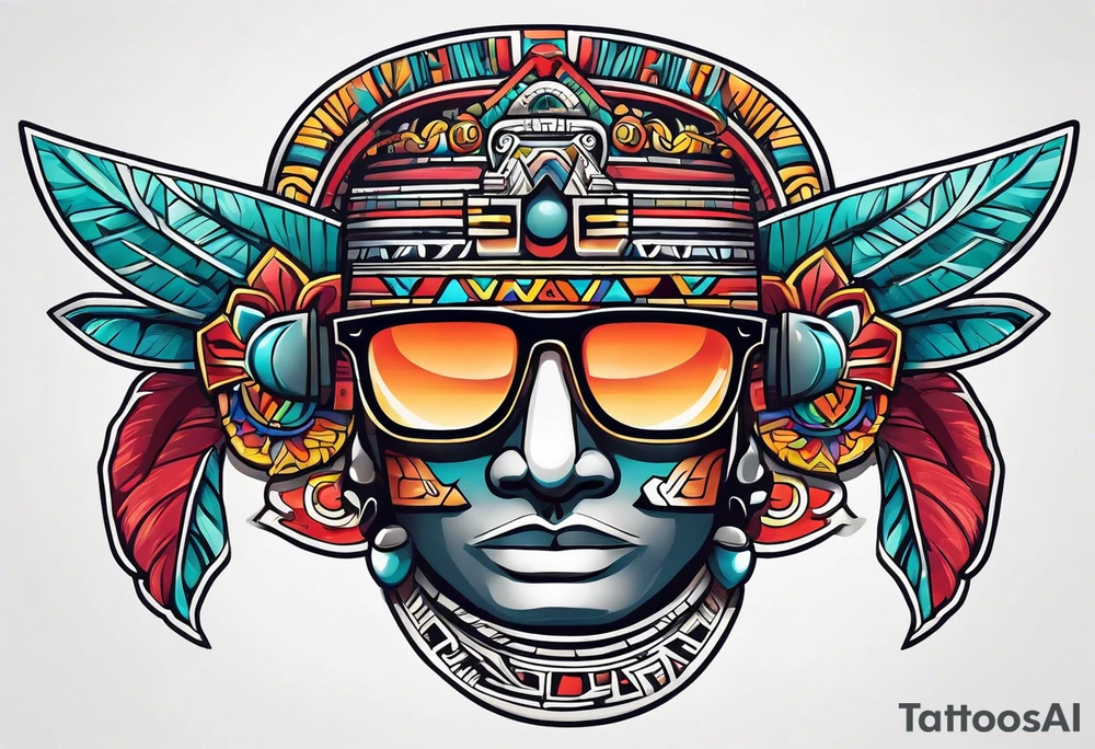 Colorful simple Mayan hieroglyph wearing sunglasses tattoo idea Colorful simple Mayan hieroglyph wearing sunglasses tattoo idea