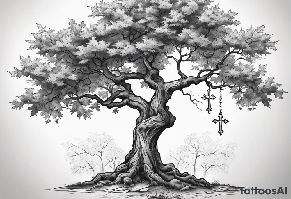 A maple tree with branches and a cross combined into the trunk. It is a forearm sleeve tattoo idea