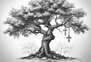 A maple tree with branches and a cross combined into the trunk. It is a forearm sleeve tattoo idea